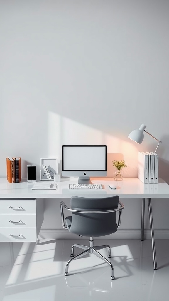 Minimalist office workspace with a computer, lamp, and some decorative items.