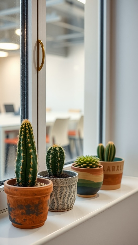 A collection of decorative cactus plants in colorful pots on a windowsill