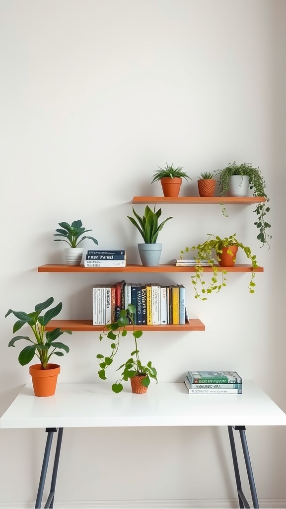 Decorative wall shelves with plants and books above a white office desk