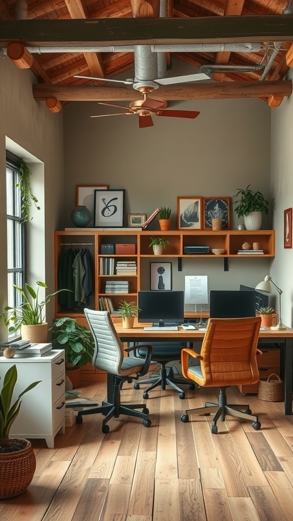 A rustic office space with an earthy color palette featuring wooden furniture, plants, and warm tones.