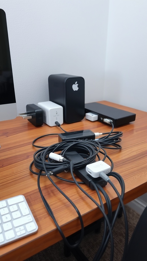 A neatly organized workspace with various cables managed and connected to devices.