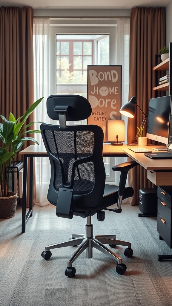 An ergonomic office chair in a well-decorated home office with a desk, plants, and a window.