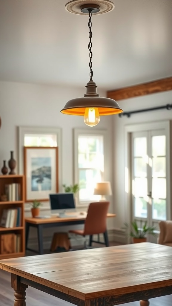 A farmhouse style pendant light hanging in a cozy office space with wooden furniture and natural light.