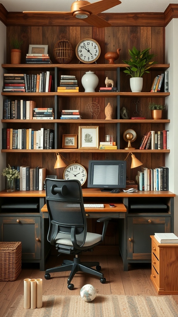 A rustic office space with wooden shelving featuring books, plants, and decorative items.