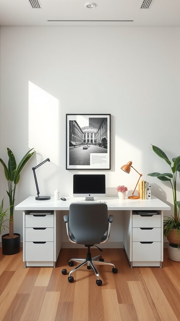 A minimalist office space featuring a clean desk, computer, and plants.