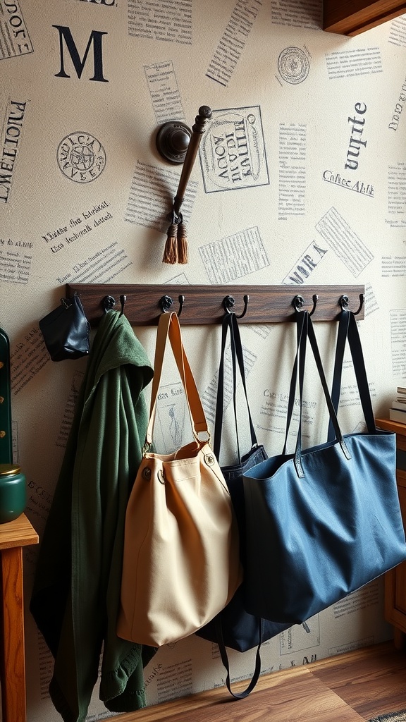 A rustic wall with hooks displaying bags and a jacket