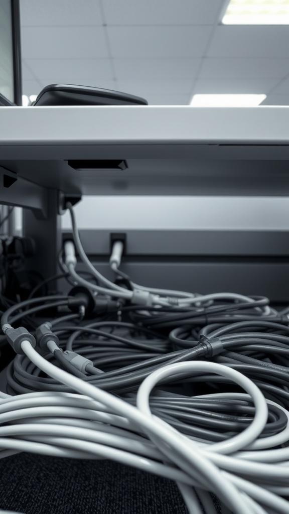 A tangle of various cables under an office desk