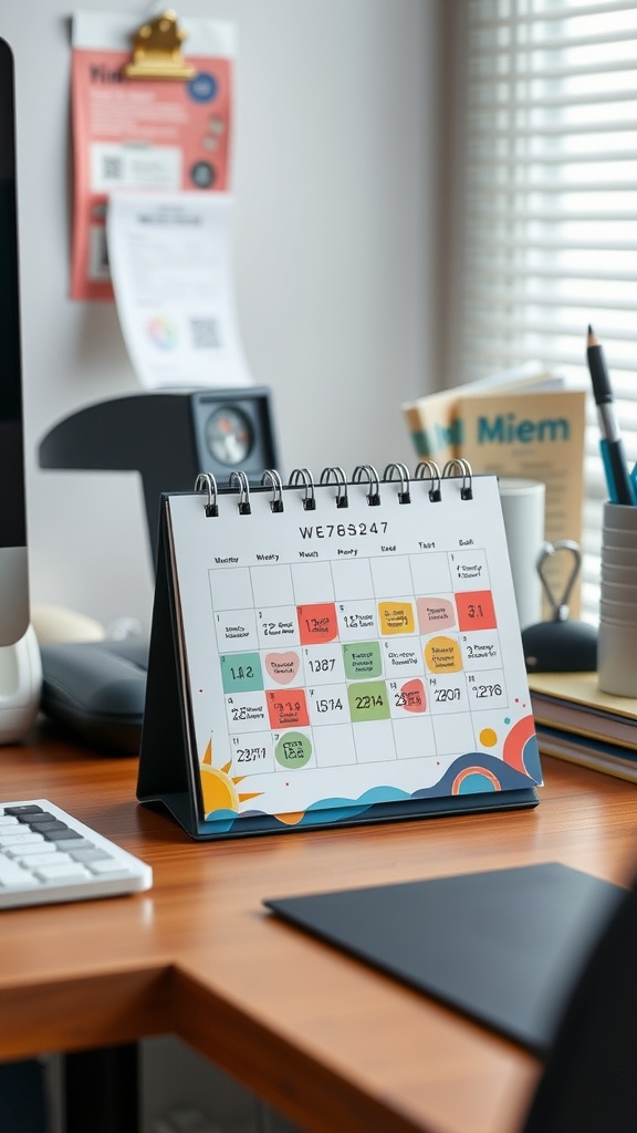 A colorful desk calendar displayed on an office desk with other office supplies visible in the background.