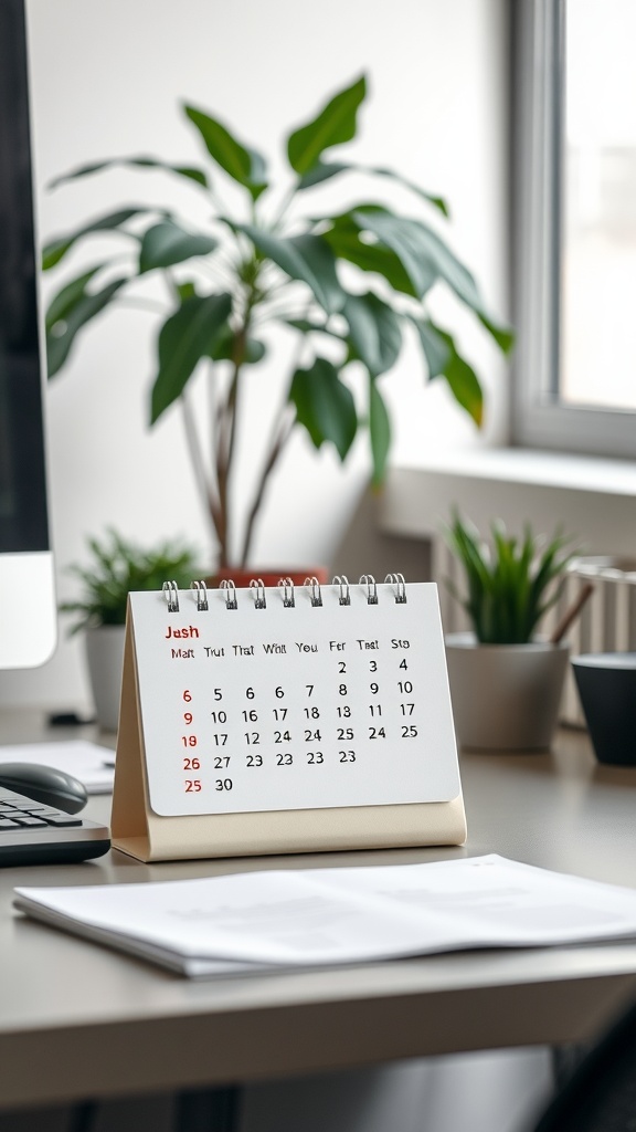 A desk with a spiral desktop calendar, a computer, and potted plants in the background