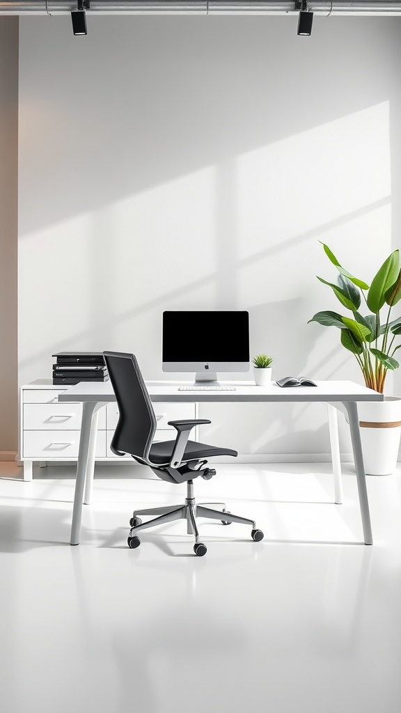 A minimalist office featuring a sleek white desk, an ergonomic black chair, and a potted plant.