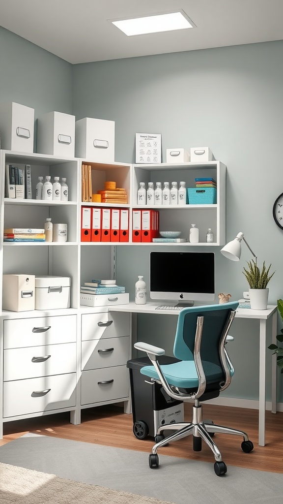 A modern nurse office with functional storage solutions, including shelves, drawers, and a desk with a computer.