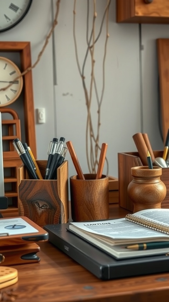 An assortment of handcrafted wooden desk accessories including pen holders, a notebook, and an organizer on a rustic wooden desk.