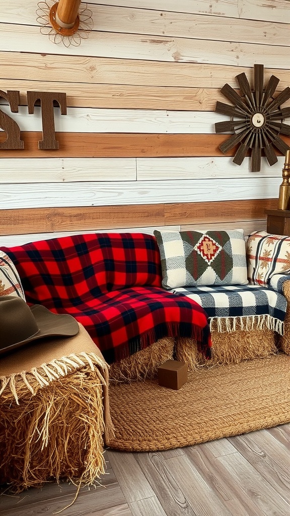 A cozy hay bale seating area with plaid throw blankets and rustic decor