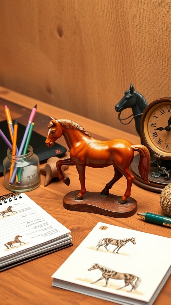 A wooden desk featuring a horse figurine, colorful pens, notebooks, and a clock, creating a horse-themed office decor.