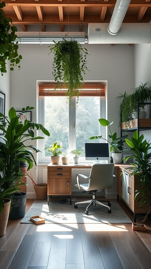 A bright home office filled with various plants, showcasing biophilic design elements.