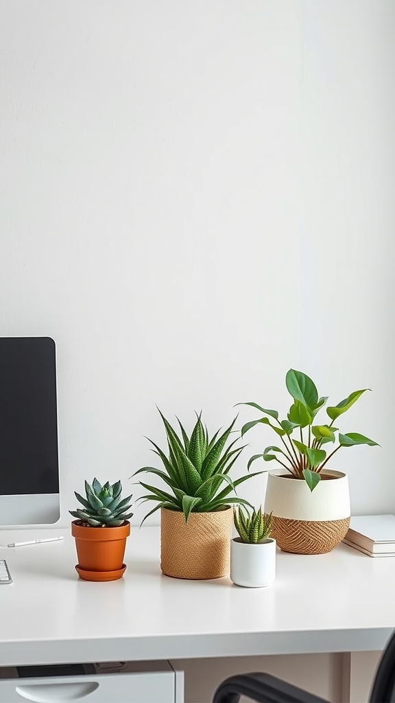 A minimalist office desk featuring a variety of potted plants, including succulents and leafy plants, alongside a computer monitor.