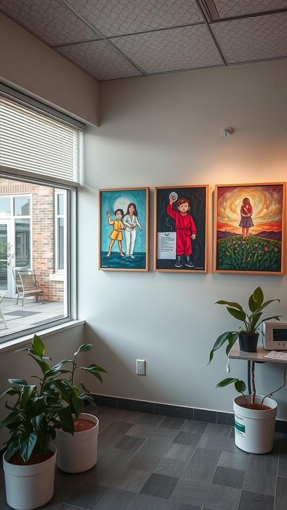 A corner of a nurse's office featuring three colorful paintings on the wall and potted plants.