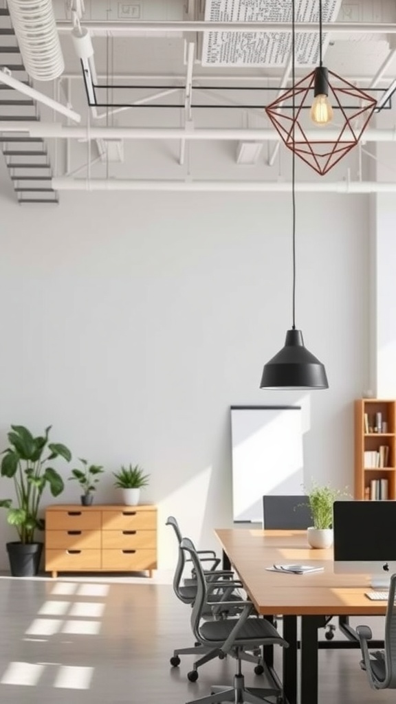 A minimalist office with modern lighting fixtures and wooden furniture.