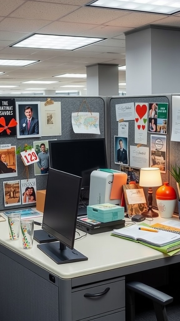 An office cubicle decorated with personal mementos including photos, notes, and decorative items.