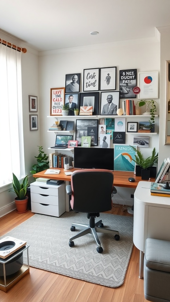 A modern home office featuring a wooden desk, a comfortable chair, and a wall with framed art and photos.