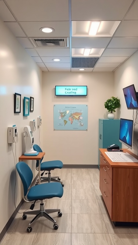 Nurse office with modern decor and technology, featuring monitors, artwork, and a plant.