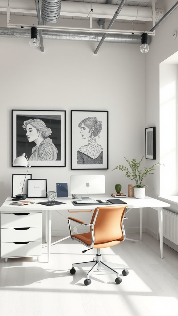 A minimalist office space featuring two black-and-white portraits on the wall, a white desk, and an orange chair.