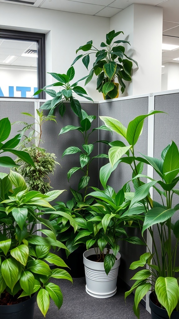 A variety of indoor plants in an office setting, enhancing air quality and decor.