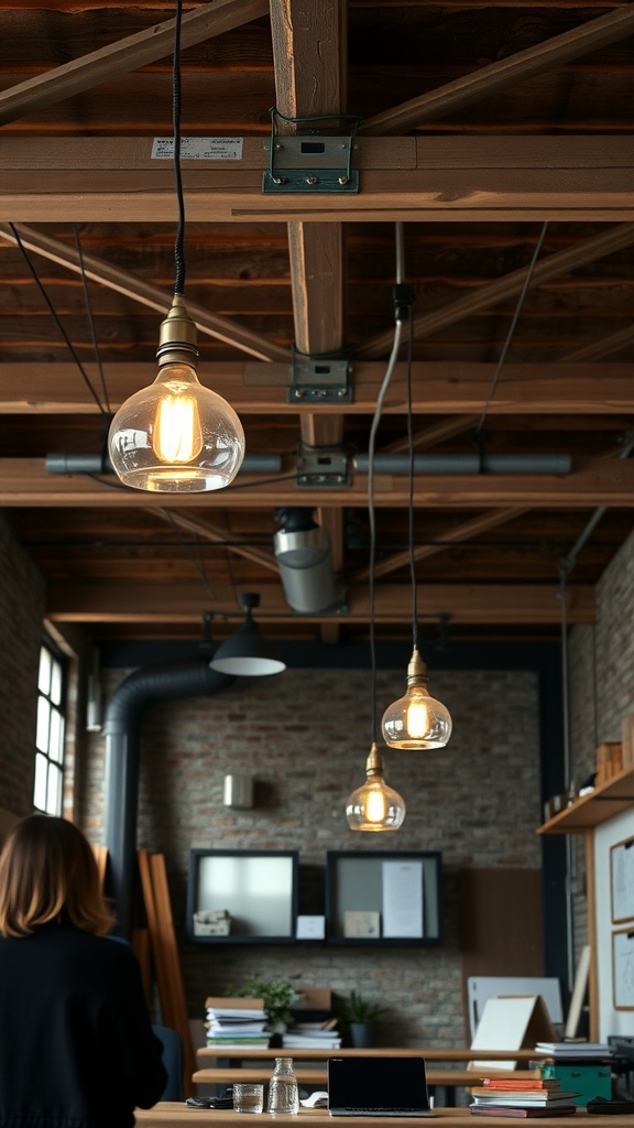 Industrial lighting fixtures hanging in a rustic office with wooden beams and brick walls.