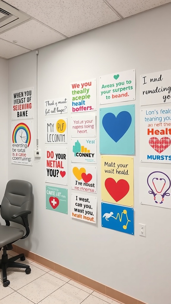 Colorful inspirational wall art in a nurse's office with playful and encouraging phrases.