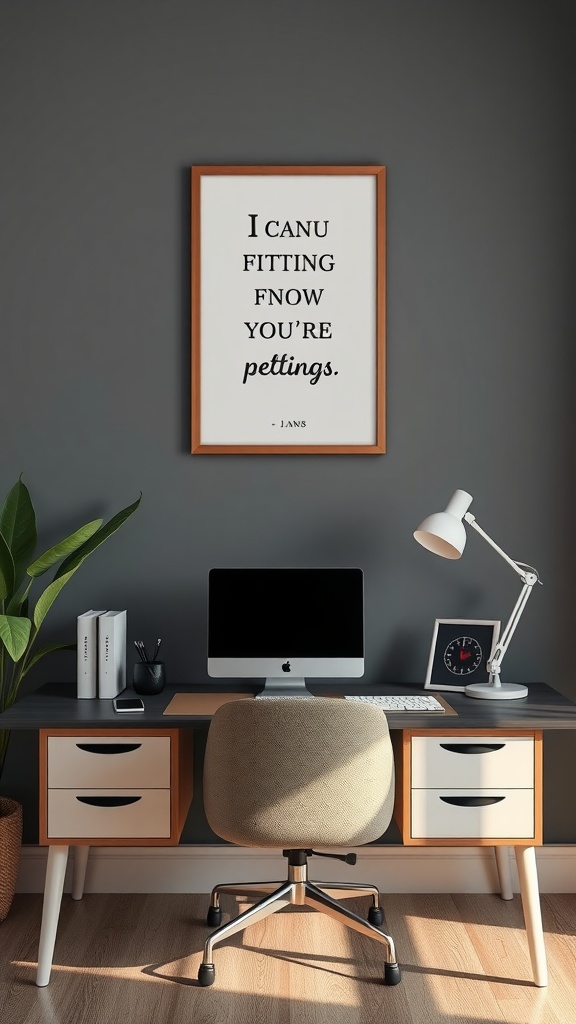 A modern office desk with inspiring quote wall art above it