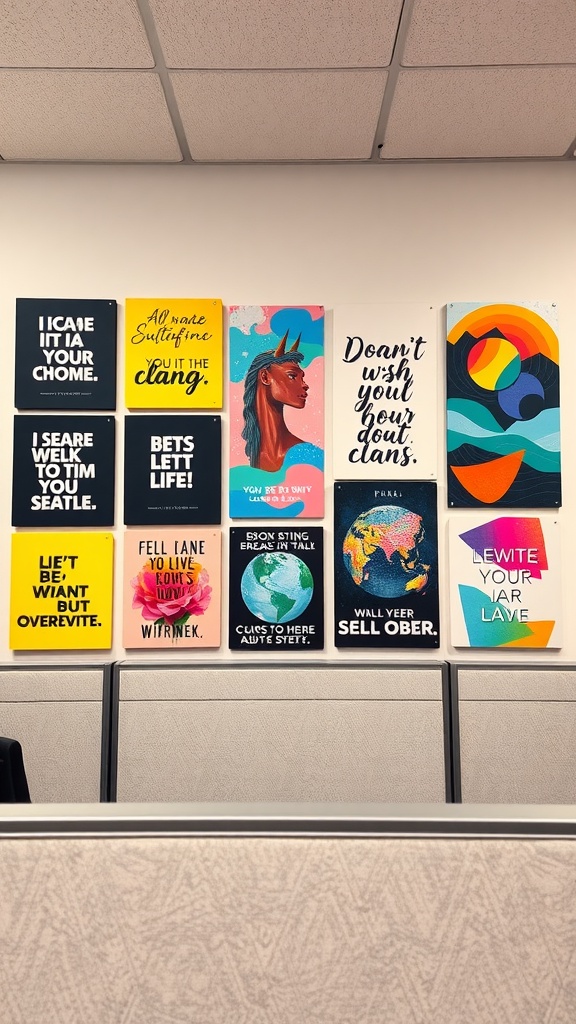 A collection of colorful and motivational wall art displayed in an office cubicle.