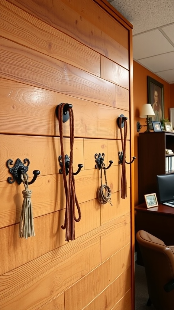 Lasso-inspired wall hooks on a wooden wall in a western-themed office