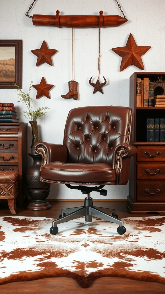 Leather office chair with Western decor elements in a cozy workspace