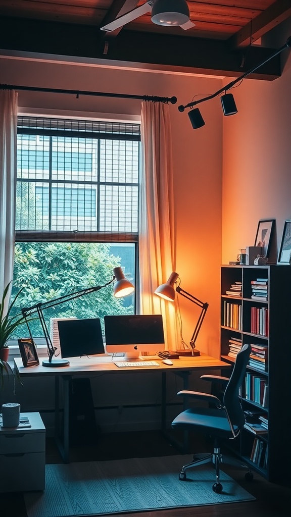 A stylish home office with two desk lamps, two computer screens, and a large window allowing natural light.