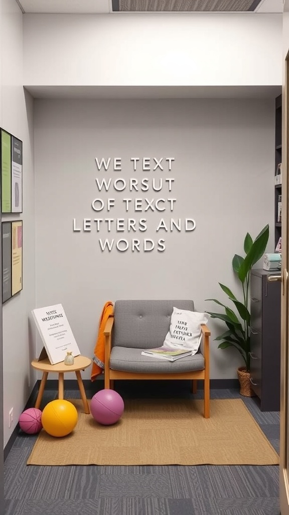 A cozy mindfulness corner in a nurse's office featuring a gray chair, orange throw, colorful exercise balls, and a plant.