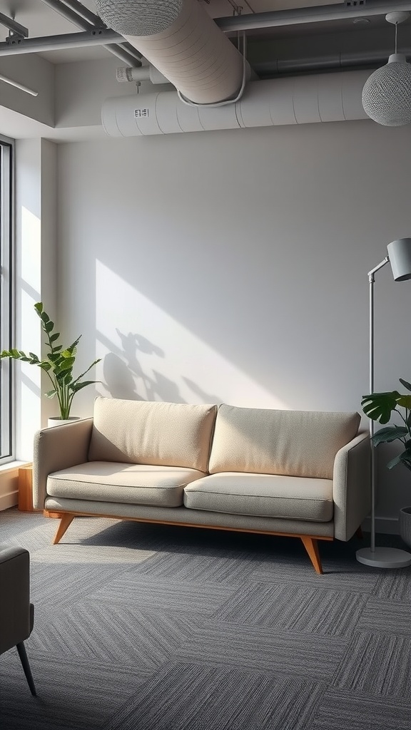 A minimalist office space featuring a couch, plants, and natural light.