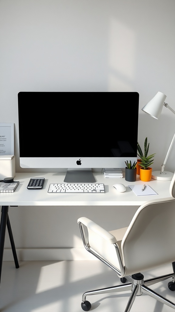 A minimalist desk setup featuring a monitor, keyboard, mouse, lamp, and plants.