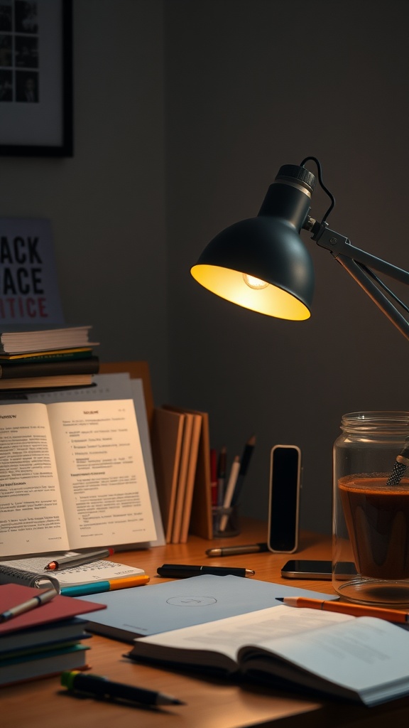 A stylish desk lamp illuminating a cluttered office desk with books, stationery, and a cozy atmosphere.