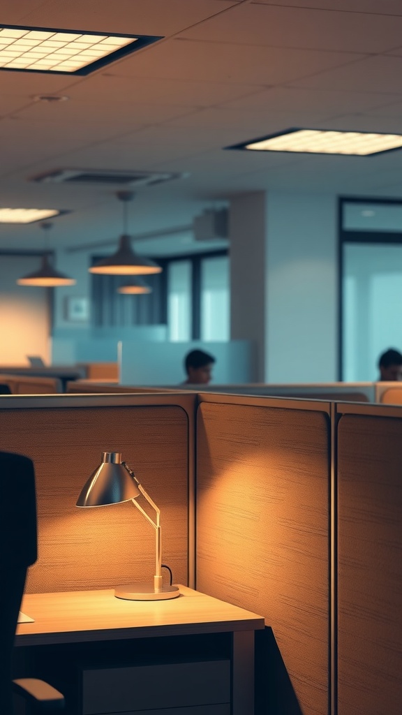 A cozy desk lamp illuminating a workspace in a modern office cubicle, with soft lighting creating a warm atmosphere.