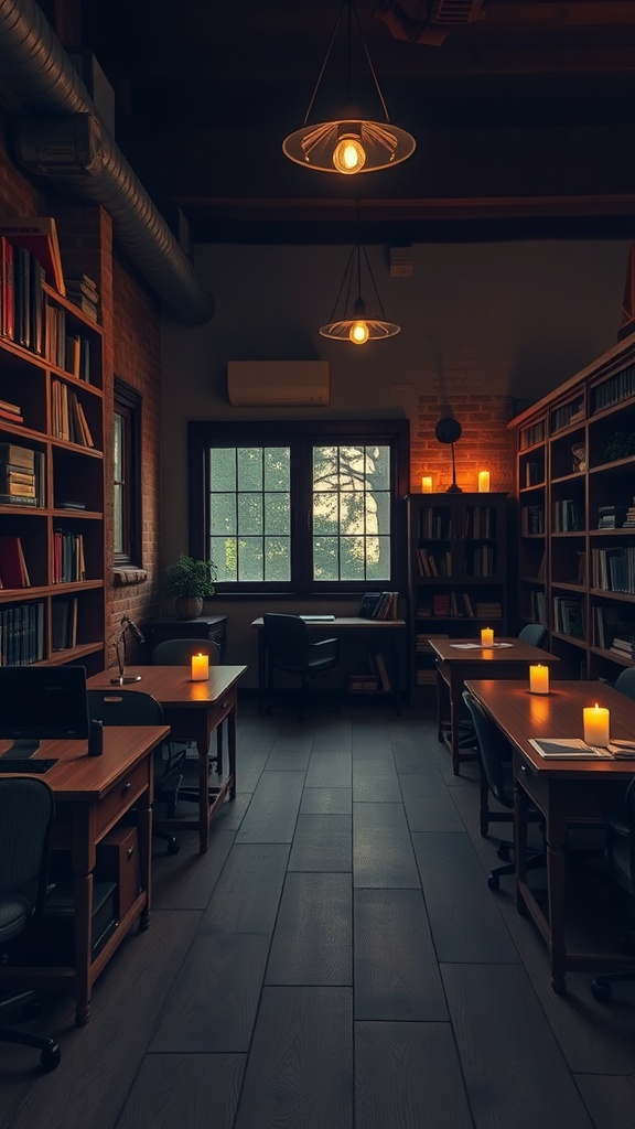 A rustic office featuring mood lighting from candles on desks, with warm, inviting decor and natural light from a window.