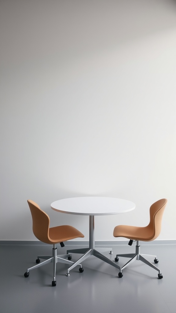 Minimalist office setup with a round table and two ergonomic chairs.