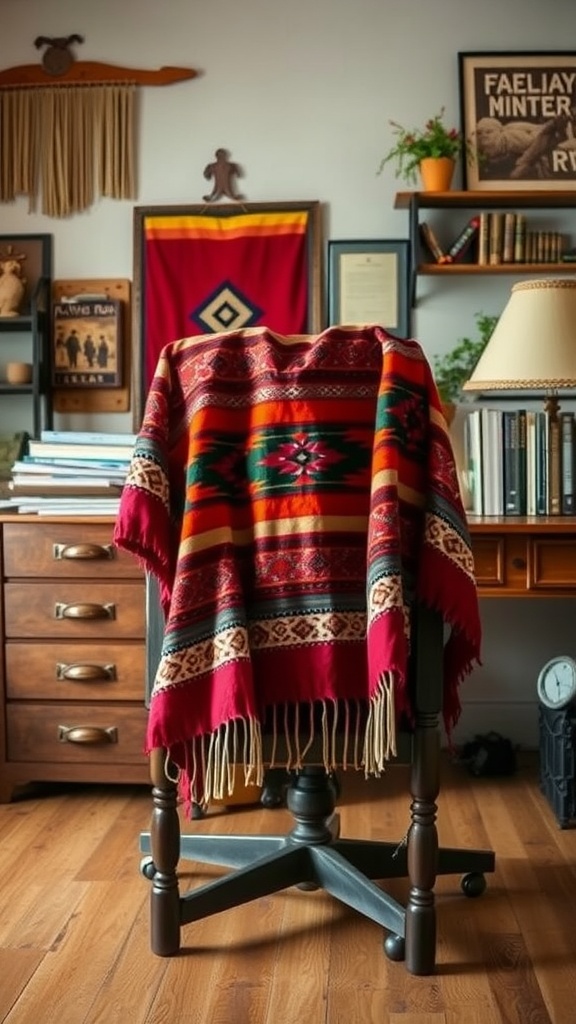 A Native American-inspired textile blanket draped over a chair in a cozy office setting.