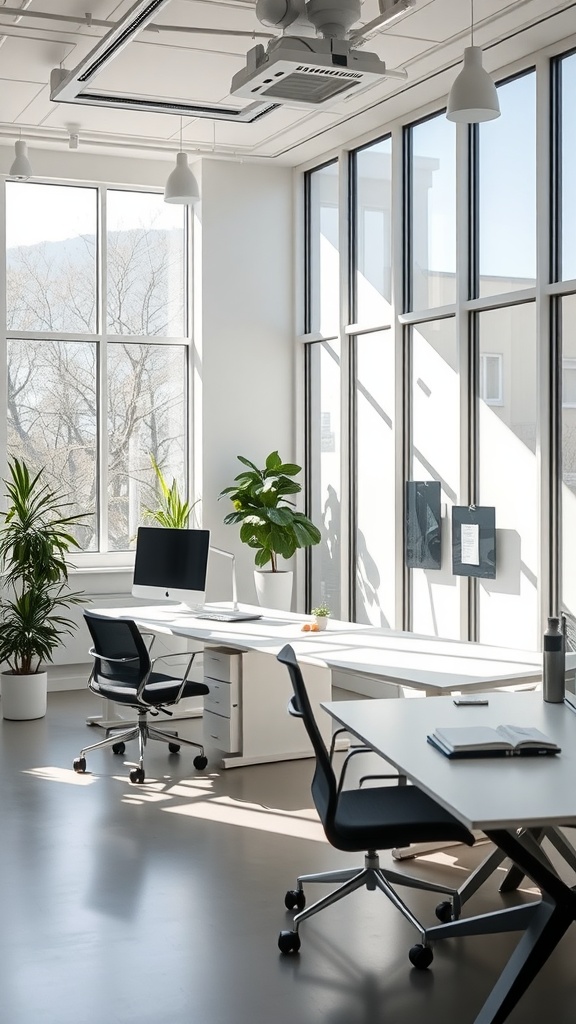 A modern office space with large windows allowing natural light, featuring plants and minimalist furniture.