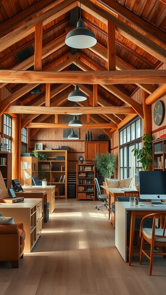 A rustic office interior featuring wooden beams, natural wood furniture, and ample natural light.