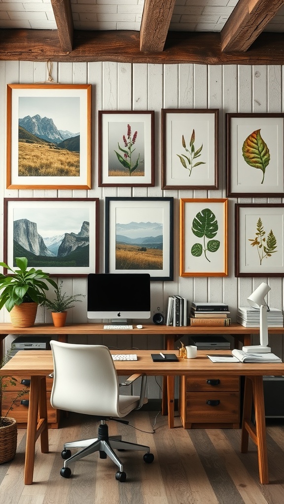 A rustic office with nature-inspired wall art and wooden furniture.