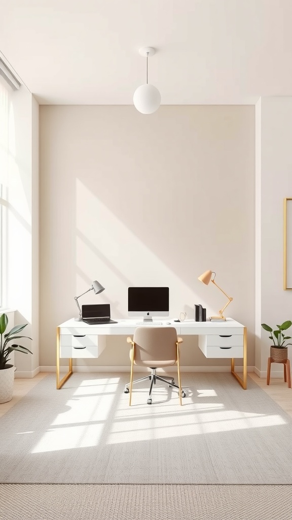 Minimalist office decor featuring a neutral color palette with a desk, computer, and plants.