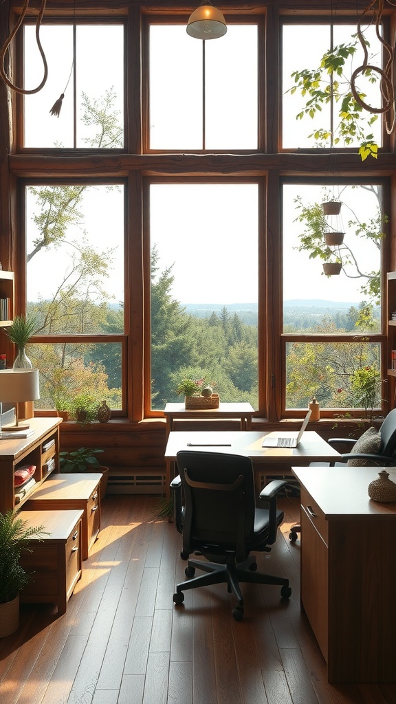 A rustic office with large windows showcasing a beautiful outdoor view, featuring wooden furniture and plants.