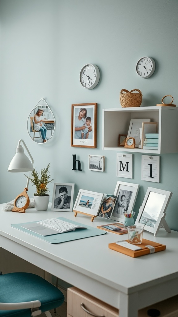 A serene nurse office setup featuring a desk, family photos framed on the wall, and a calming color scheme.