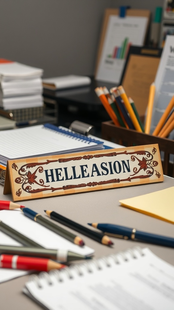 A personalized wooden nameplate with 'HELLEASION' written on it, surrounded by stationery and office supplies.