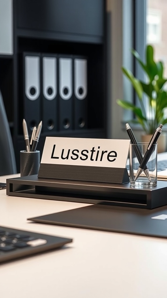 A modern office desk with personalized nameplate, pen holder, and plant